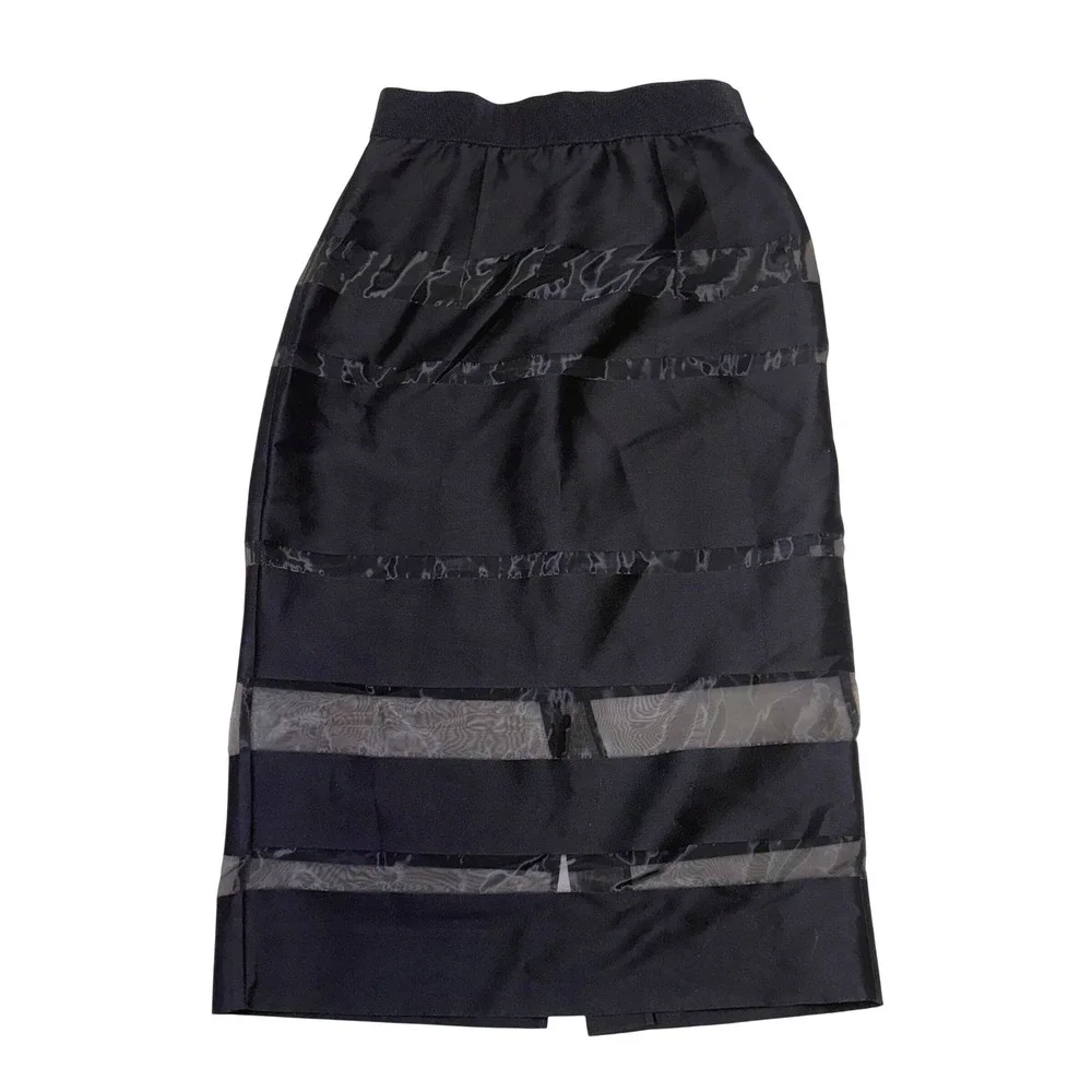 Milly Black Sheer Mesh Striped Pencil Skirt Cotton Blend Midi Size 2 Made in USA